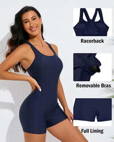 Vista 86 de beautyin - Traje de baño para mujer, traje de baño aeróbico y de competición de una pieza, estilo pantalón corto