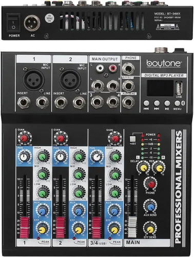 Vista 6 de Boytone. Mezclador de audio profesional Placa de sonido Sistema de consola Interfaz de 4 canales USB digital Bluetooth Digital MP3 Entrada