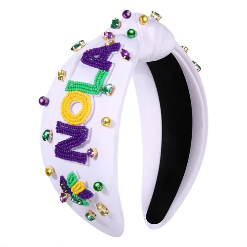 Vista 9 de MOLOCH Diadema de Mardi Gras para mujer, con cuentas moradas, amarillas, verdes, estrellas, diadema anudada, carnaval, joyería de cristal, nudo