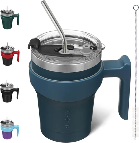 Vista 84 de BJPKPK Mini vaso de 10 onzas con tapa, popote y asa, taza de acero aislada