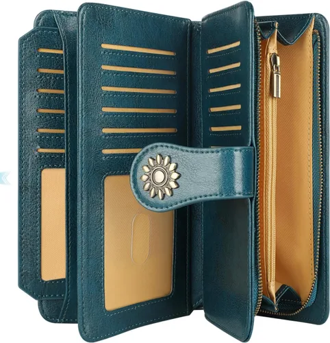 Vista 3 de Lavemi - Cartera de piel con bloqueo RFID para mujer, de gran capacidad, para llevarla a la muñeca