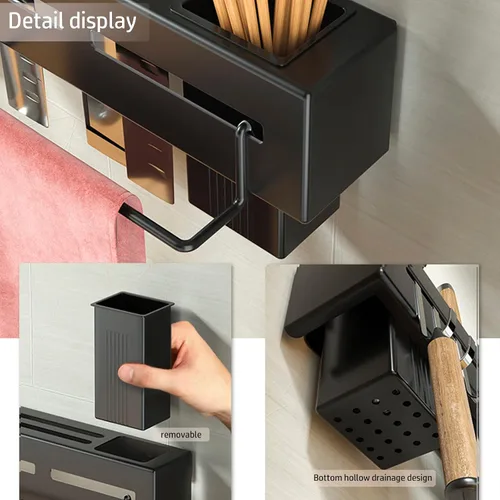 Vista 4 de Estante para utensilios de cocina, soporte para cubiertos de cocina, organizador de pared para cucharas, cuchillos, tenedores, palillos (negro)