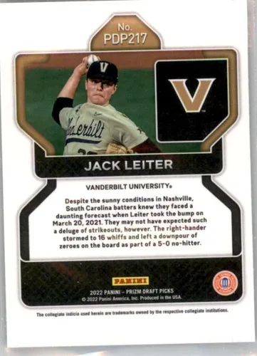 Vista 2 de 2022 Panini Prizm Draft Picks #217 Jack Leiter RC Rookie Vanderbilt Commodores Baseball Trading Card