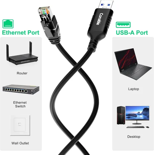 Vista 6 de Cable USB a Ethernet de 1 pie, cable USB 3.0 tipo A a RJ45, adaptador USB a red de Internet LAN, Gigabit, conectado directamente, aluminio