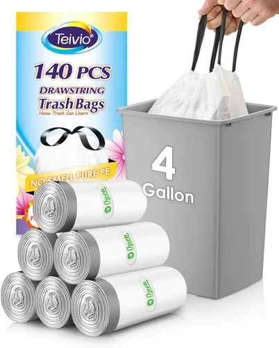 Vista 65 de Bolsas de basura de 7 galones, 100 unidades, bolsas de basura con cordón resistentes de Teivio, bolsas para papeleras de baño, bolsas de plástico