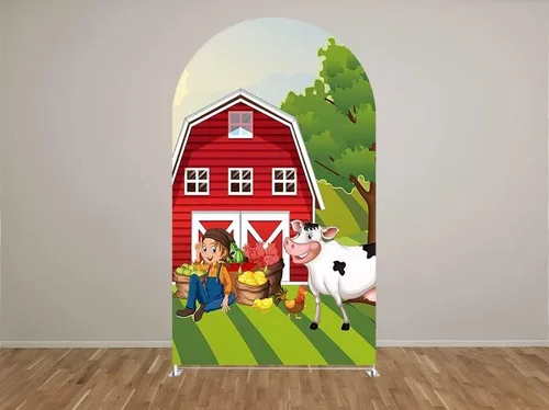 Vista 2 de HUAYI Cubierta de fondo de arco de granjero rojo de dibujos animados para fiestas de granja para niños, decoraciones de fondo de Chiara, cubiertas