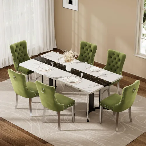 Vista 38 de Juego de mesa de comedor de 5 piezas con 4 sillas, mesa de comedor rectangular de madera de 71 pulgadas con sillas de comedor de terciopelo, tablero