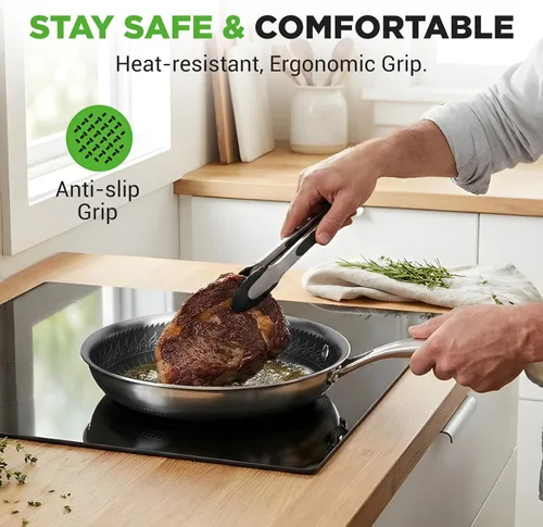 Vista 6 de NutriChef Juego de 6 sartenes de acero inoxidable de tres capas, sartenes antiadherentes de 8, 10 y 12 pulgadas con tapas, compatibles