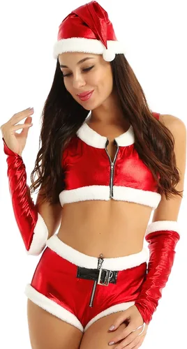 Vista 4 de Disfraz de Navidad de 4 piezas para mujer, disfraz de Papá Noel, disfraz de bebé de Papá Noel caliente
