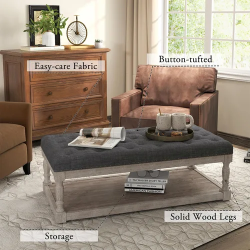 Vista 3 de Mesa de café estilo otomana, otomana grande rectangular con almacenamiento - Banco acolchado tapizado para sala de estar, tela de lino con botones