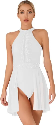 Vista 8 de FEESHOW Women Shiny Rhinestone Lyrical Dance Dress Backless Leotard Dresses Figure Skating Dance Costume E90#negro y blanco