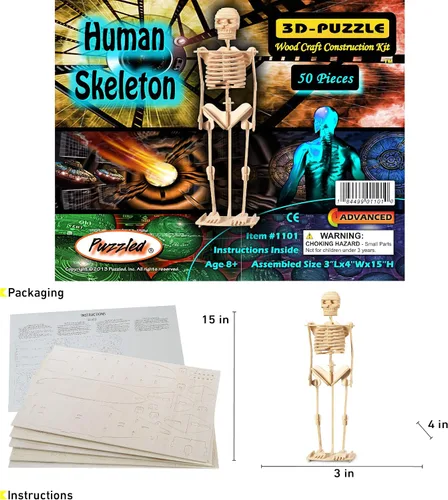 Vista 2 de Puzzled Rompecabezas 3D, esqueleto humano, kit de modelo de construcción de madera, divertido y educativo, juguete de madera para armar