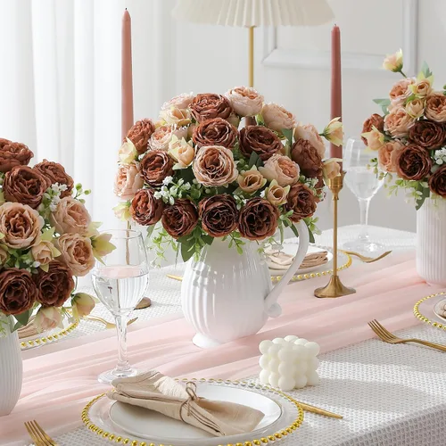 Vista 7 de 2 racimos de flores artificiales de peonía beige, ramo de peonías de seda para bodas, fiestas, centros de mesa, arreglos florales, decoración