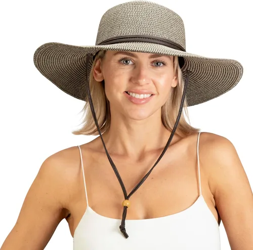 Vista 13 de Sloggers Sombrero de sol trenzado de ala ancha para mujer con cordón de viento, protección solar máxima UPF 50+ Marrón claro