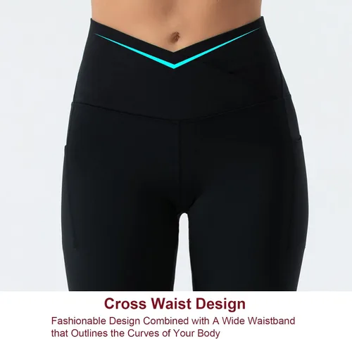 Vista 3 de THE GYM PEOPLE Leggings capri de entrenamiento con cintura cruzada en V para mujer, con control de abdomen, pantalones de yoga con bolsillos