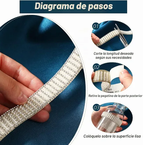 Vista 4 de Outus 3 rollos de cinta autoadhesiva de perlas con diamantes de imitación