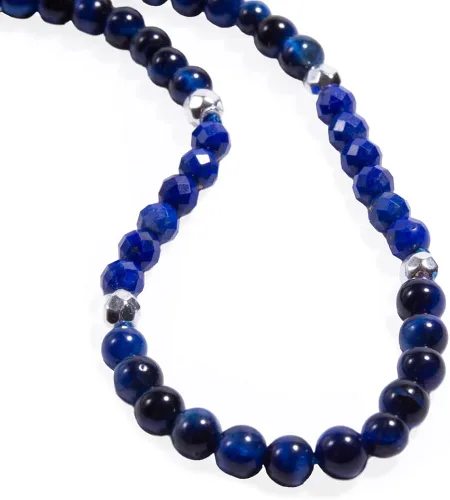 Vista 3 de Collar de piedras preciosas de plata de ley 925, lapislázuli azul, chapado en plata y ojo de tigre azul, 16 pulgadas con extensor ajustable de 2