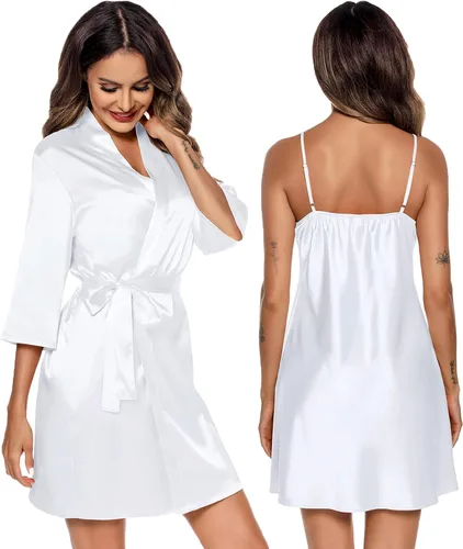Vista 4 de SWOMOG Conjunto de batas de satén para mujer, conjunto de pijama de seda de 2 piezas, camisón de encaje con batas, ropa de dormir, kimonos de boda