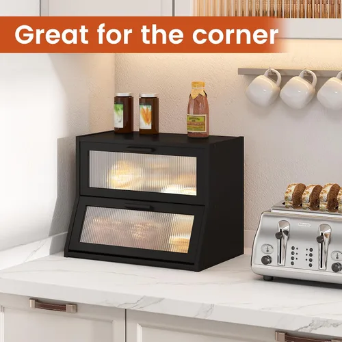 Vista 4 de GHWIE Panera de bambú de doble capa para encimera de cocina, contenedor de almacenamiento de pan de gran capacidad, recipiente para pan con panel