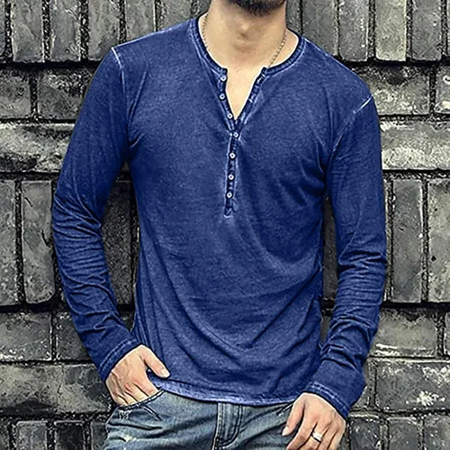 Vista 2 de Beefy - Camiseta de manga larga Henley con cuello en V y solapa frontal, estilo informal, entallada, básica