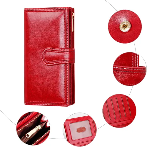 Vista 6 de VOCUS Cartera de cuero para mujer, billetera larga plegable de gran capacidad, tarjetero para tarjetas de crédito con cremallera para damas.., Rojo