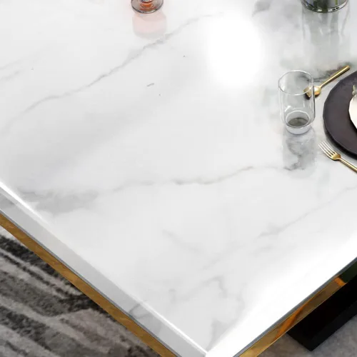 Vista 4 de LITFAD Mesa de mármol de estilo moderno con mesa blanca y base de caballete dorada, mesa de comedor rectangular con forma de mesa de restaurante