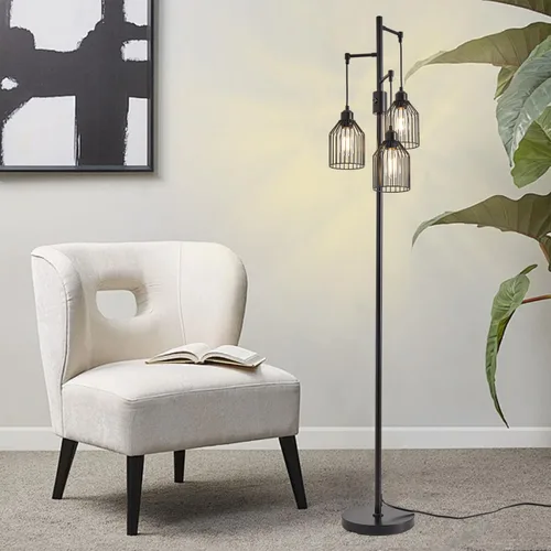 Vista 9 de Lámpara de pie regulable para sala de estar, lámpara de pie de granja con elegante jaula colgante, 3 bombillas LED Edison incluidas, lámpara de pie