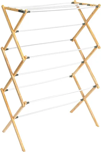 Vista 11 de Household Essentials Estante de secado de ropa plegable de bambú, estante de lavandería de lujo con 11 clavijas, respetuoso con el medio ambiente