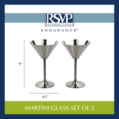 Vista 9 de RSVP Colección internacional de utensilios de bar de acero inoxidable cepillado, vidrio de Martini, juego de 2