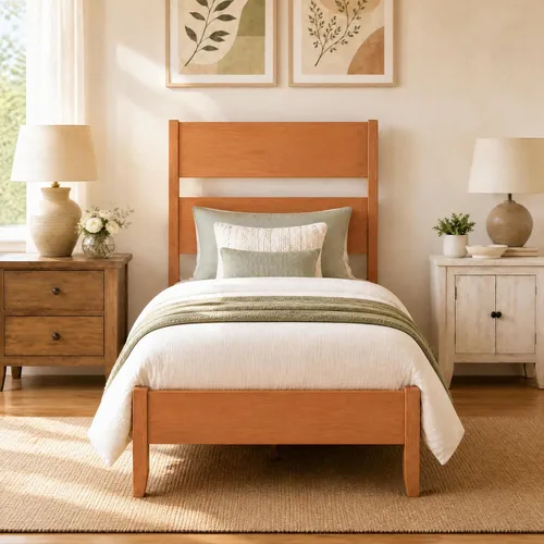 Vista 4 de KOMFOTT Twin Size Rubber Wood Bed Frame with Tall Headboard, Caramel Brown