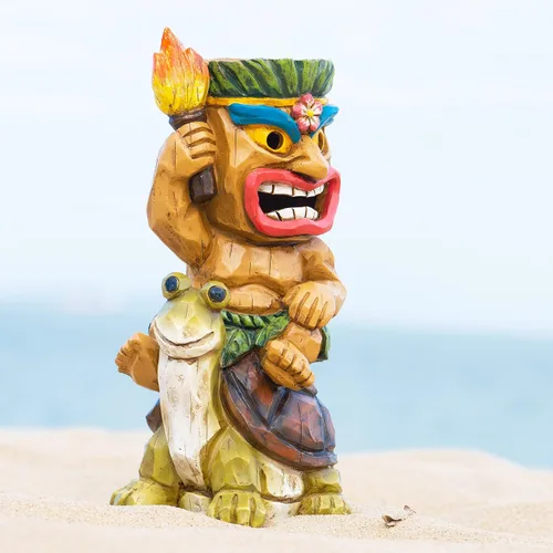 Vista 8 de Estatua de Tiki para exteriores con decoración de tortuga, figura de jardín con energía solar, arte Tiki para Tiki bar, patio trasero, jardín