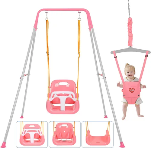 Vista 11 de Toddler Swing Set and Baby Jumper, Foldable Baby Swing Set with Metal Stand for Indoor & Outdoor Use, Baby Bouncer Jumper Durable Swing Set for Aged