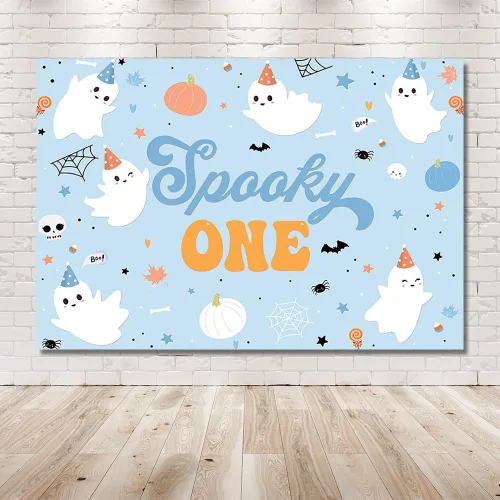 Vista 6 de MEHOFOND Telón de fondo de Halloween de 7 x 5 pies para niños, espeluznante One Happy Booday, decoración de fiesta de primer cumpleaños, suministros