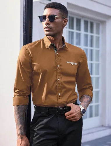 Vista 2 de COOFANDY Camisa de vestir para hombre, manga larga, casual, con botones, de cachemira, para fiesta, boda, vestido Marrón