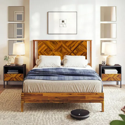 Vista 12 de Bme Ethan - Base de cama Queen con cabecera de diamante, moderna de mediados de siglo, madera de acacia maciza, no necesita somier, se adapta a