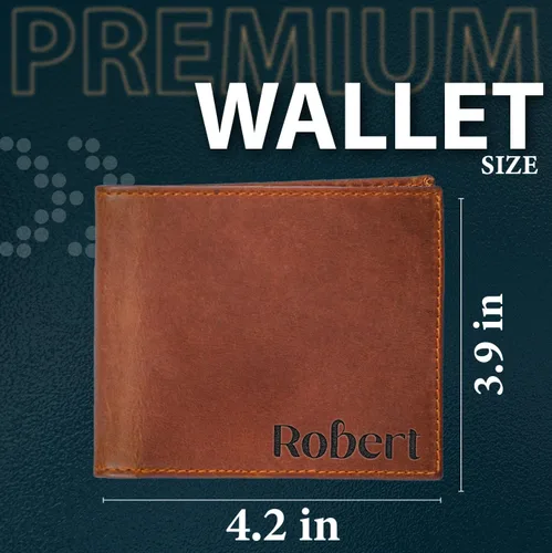 Vista 6 de Cartera personalizada para hombre, billetera de cuero genuino, carteras personalizadas para hombre, marido, papá, novio, novio, regalo para Marrón