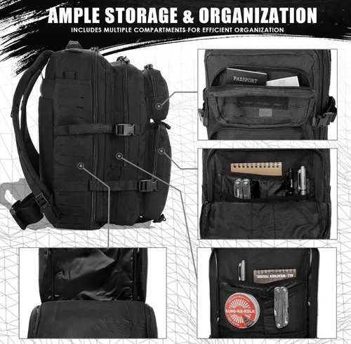 Vista 3 de Mochila táctica militar Miramrax para hombres 35L, pequeña, sistema Molle, resistente al agua, mochila de asalto de 3 días para bolsa de evacuación