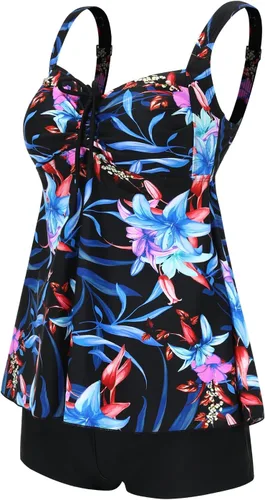 Vista 2 de DANIFY Plus Size Swimsuit for Women Tankini Swimdress Tummy Control Swimwear Cover up Swim Dress Two Piece Bathing Suit