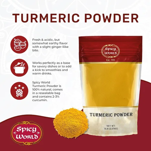Vista 3 de Polvo de cúrcuma bolsa a granel de 5 libras - Molido de raíz de cúrcuma india (Haldi) - Curcumina mínima 2.5% - Pura y vegana, de la India por Spicy