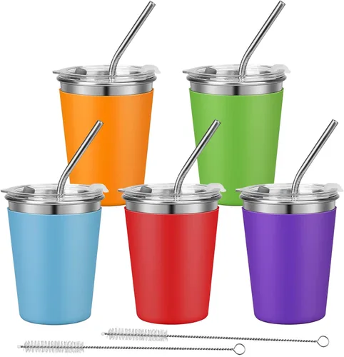 Vista 11 de Tazas para niños con tapas y pajitas, 5 paquetes mejorados de 350 ml de acero inoxidable irrompibles con funda colorida, tazas a prueba de derrames