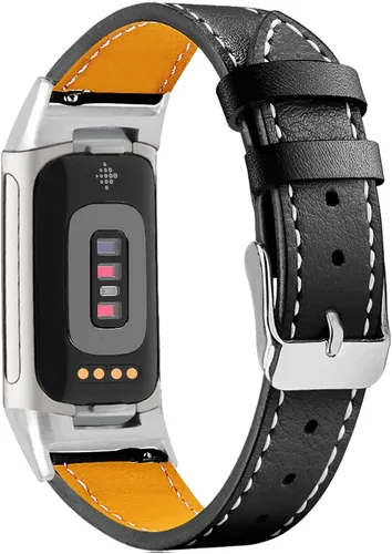 Vista 6 de Replacement Leather Band Compatible for Fitbit Charge 2/5/6, Classic Genuine Leather Wristband for Men Women