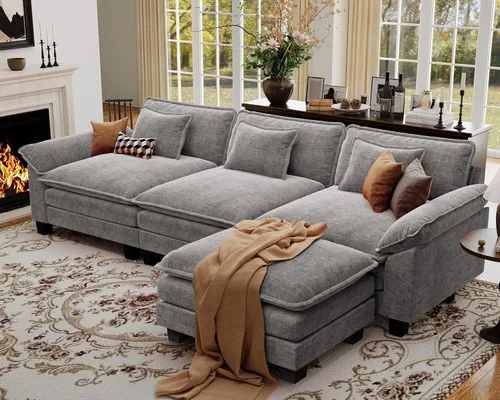 Vista 94 de Sofá modular de gran tamaño de 154 pulgadas, cómodo sofá en forma de U con 3 otomanas móviles, sofá moderno de felpilla de 7 plazas para sala