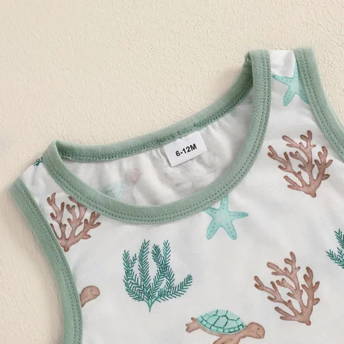 Vista 52 de Ropa de bebé niño sin mangas + pantalones cortos con estampado a rayas con bolsillos, 2 piezas de trajes de verano