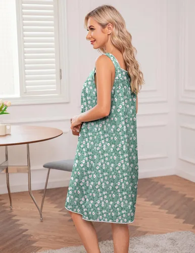 Vista 4 de Ekouaer Camisón para mujer, ropa de dormir de algodón, sin mangas, con cuello en V