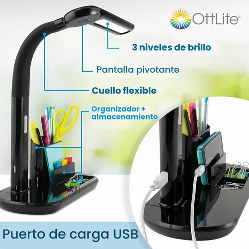 Vista 2 de OttLite Lámpara LED giratoria de banqueros con puerto de carga USB