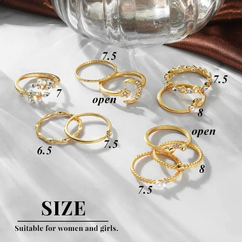 Vista 6 de KISS WIFE Juego de anillos apilables dorados para nudillos y estrellas de luna para mujeres y adolescentes, anillos apilables ligeros y bohemios
