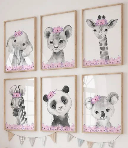 Vista 11 de Safari Animals - Juego de 3 impresiones artísticas de pared sin marco, carteles de animales grises con pajarita azul, elefante jirafa león, póster