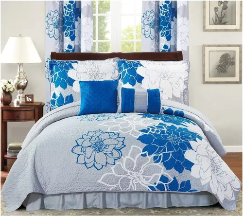 Vista 13 de All American Collection - Juego de edredón reversible con volantes antipolvo, flores Turquesa/Marrón
