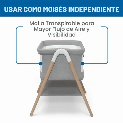Vista 4 de Delta Children Simmons Kids Koi by The Bed Moisés con malla transpirable y patas de madera de haya natural, gris paloma