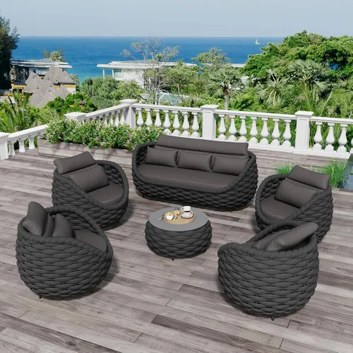 Vista 13 de Juego de muebles de patio de aluminio de 3 piezas: cuerda tejida a mano para conversación al aire libre, juego de 2 cojines modernos montados, juego